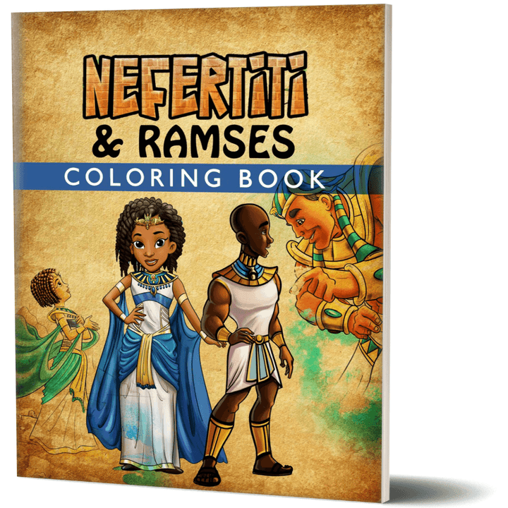 Nefertiti & Ramses: Coloring Book. Mockup of front cover Featureing Nefertiti on the front and Ramses