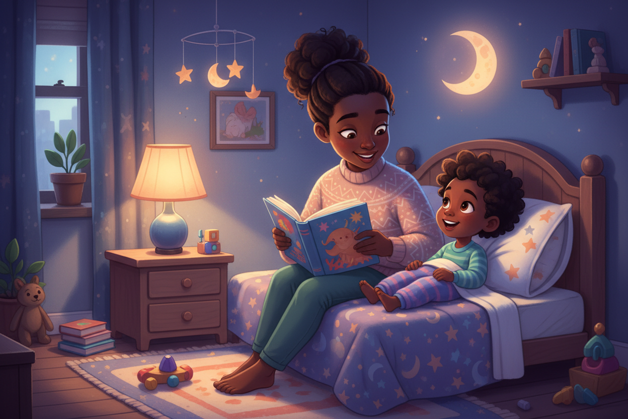 Black Mother reading to her child at bedtime TL's Terrific Tales