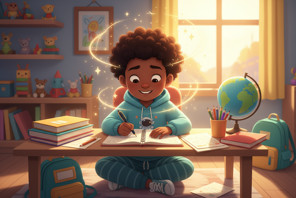Black Child gaining confidence doing homework