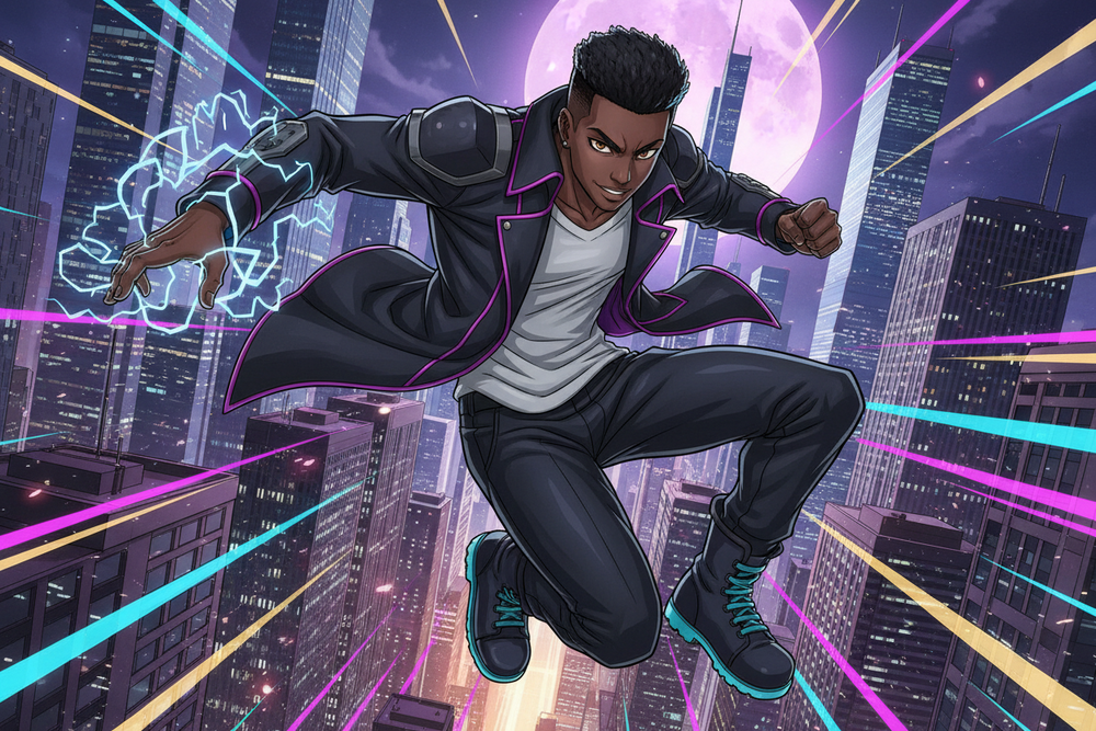 black anime character jumping in the sky