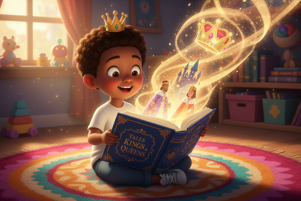 Black kid learning about kings and queens