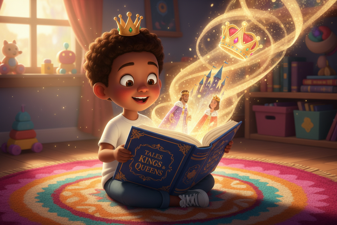Black kid learning about kings and queens