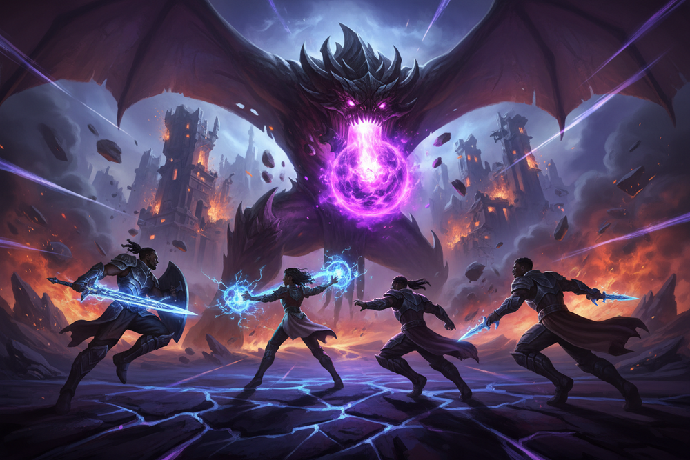 black video game team fighting final boss