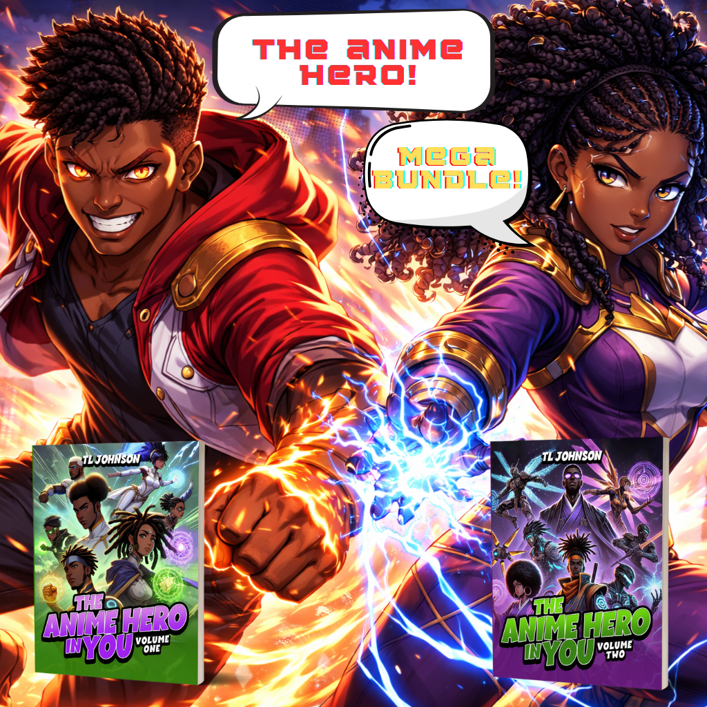 Two animated characters with superhero poses, books titled 'The Anime Hero!' in the foreground.