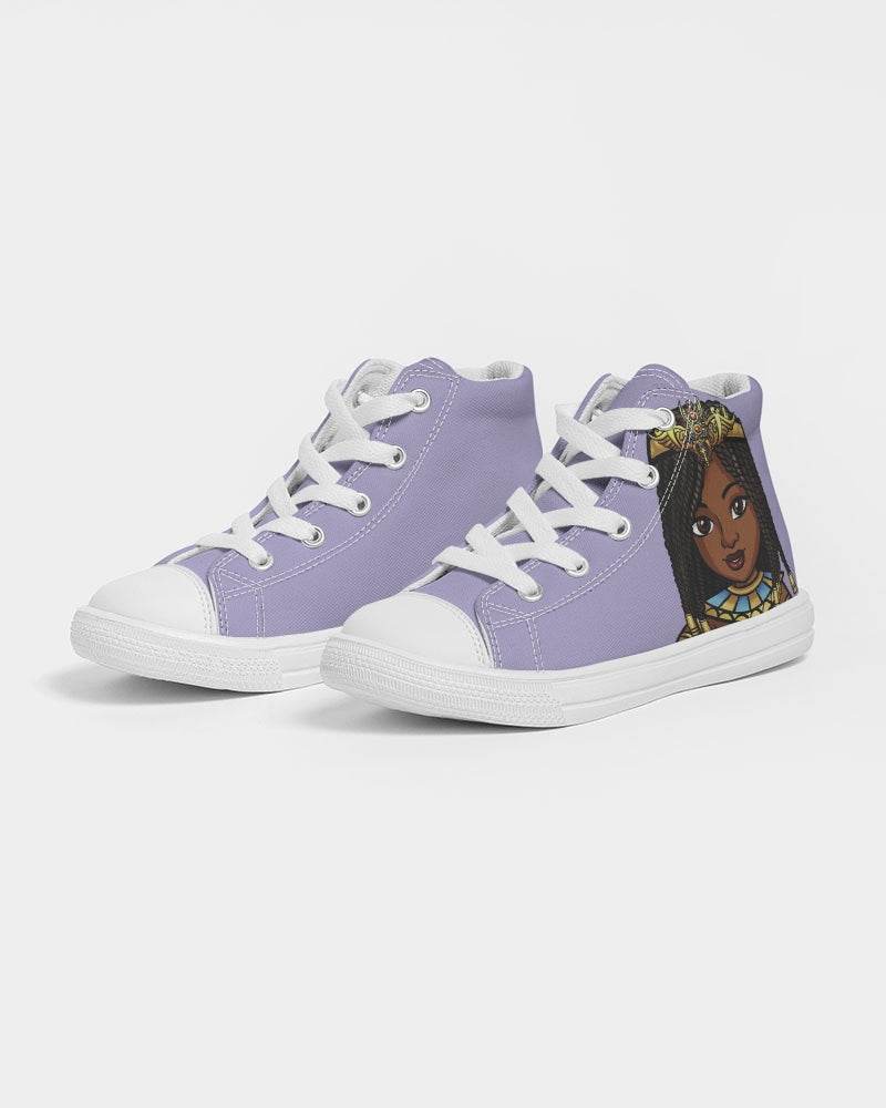 Purple Cleopatra-themed sneakers inspired by TL Johnson’s Cleopatra the Wise; African royalty design promoting leadership and confidence.