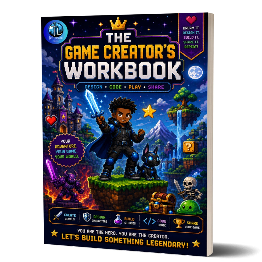 Book titled 'The Game Creator's Workbook' with colorful cover featuring a character and game elements.