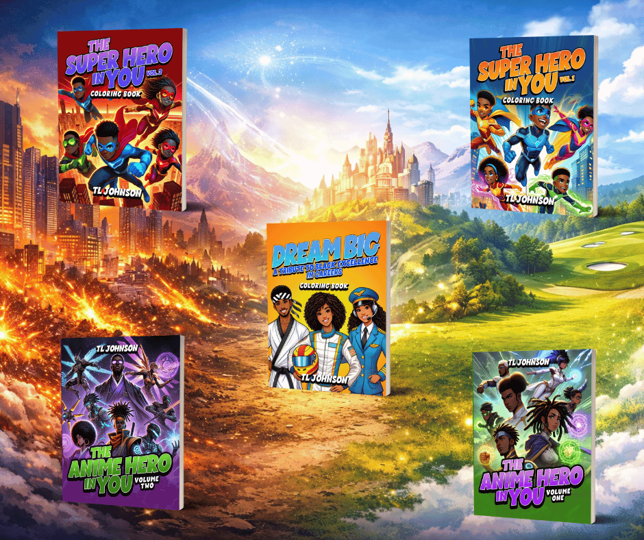 Five children's books titled 'The Super Hero in You', 'Dream Big', 'The Anime Hero in You', Volume's 1 & 2' with a cityscape and nature background.