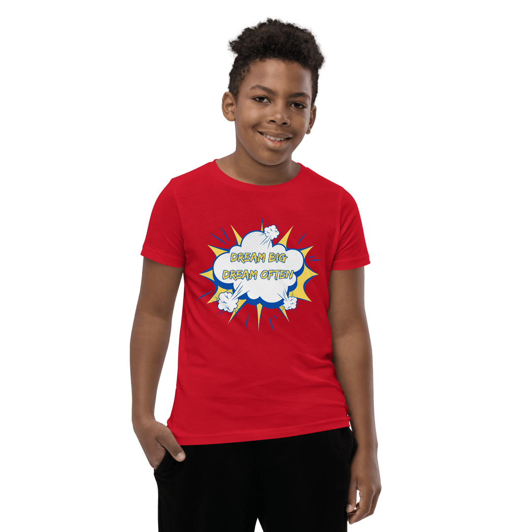 Young Black Boy wearing Red Motivational children’s T-shirt connecting to the Dream Big Coloring Book; representation and confidence for future professionals