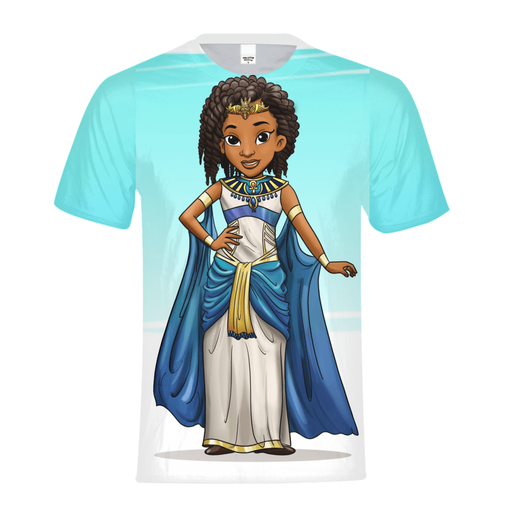 Nefertiti children’s T-shirt in teal with an illustrated African queen design from TL Johnson’s Mini Monarchs line.