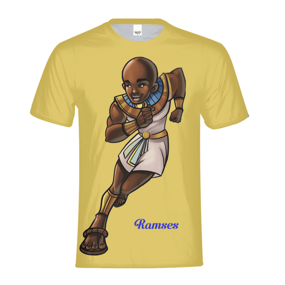 Gold Front image of Ramses T-shirt featuring “The Mind Is a Muscle” design; Black excellence and African royalty fashion for kids.