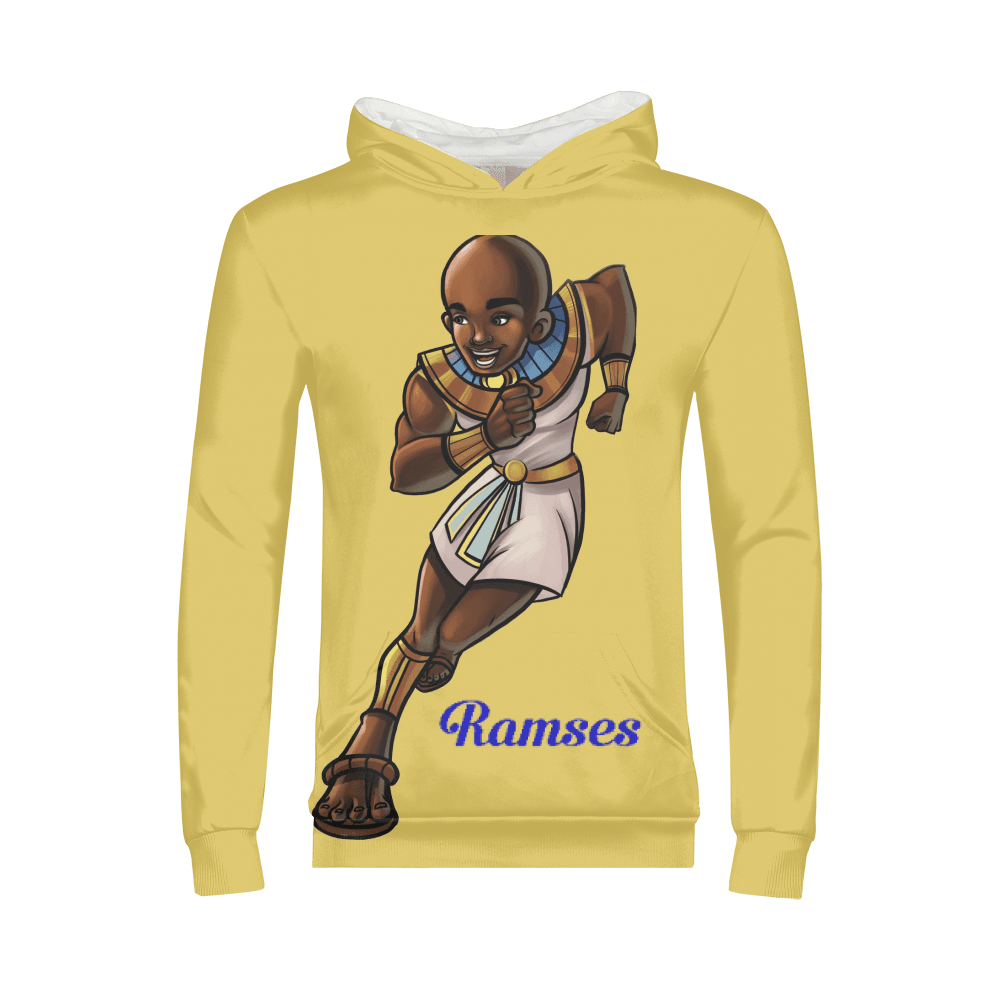 Gold Ramses “Mind Is a Muscle” hoodie inspired by TL Johnson’s Mini Monarchs collection; African royalty design for Black excellence and leadership.