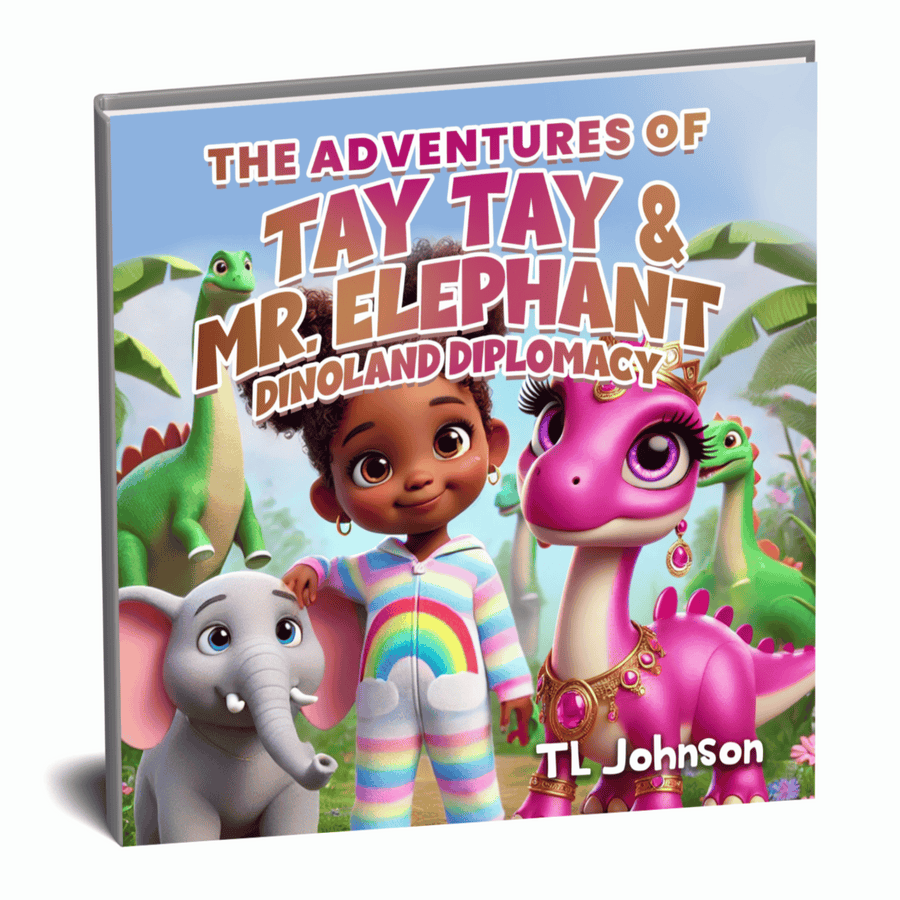 Cover of The Adventures of Tay Tay & Mr. Elephant: Dinoland Diplomacy by TL Johnson featuring Tay Tay and Mr. Elephant surrounded by friendly dinosaurs.