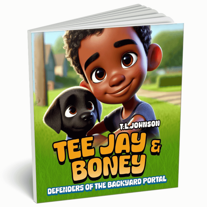 Book cover of 'Tee Jay & Boney' featuring a boy and a dog with a green background