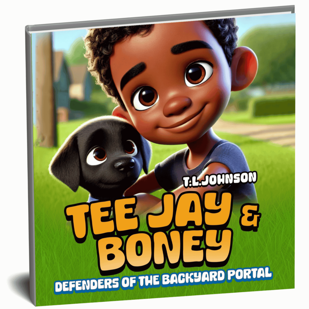Book cover of 'Tee Jay & Boney: Defenders of the Backyard Portal' featuring a boy and a dog.
