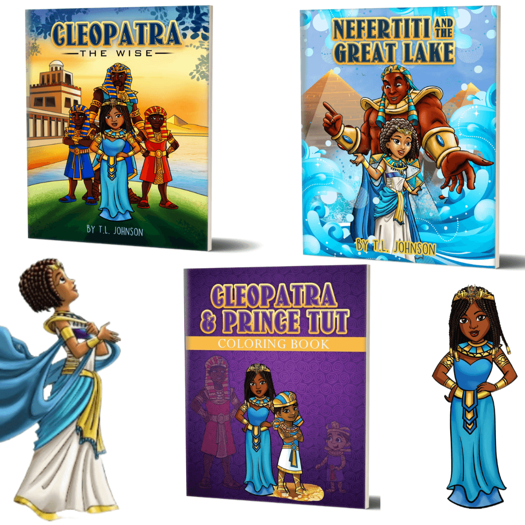 The Crowned Cuties Collection featuring Cleopatra and Nefertiti surrounded by the covers and Cleopatra and Nefertiti Looking next to the book