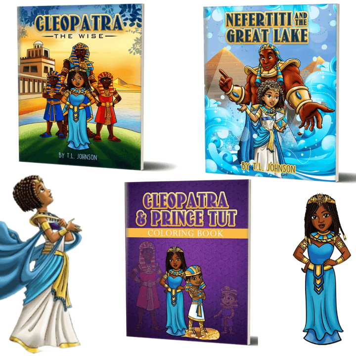 The Crowned Cuties Collection featuring Cleopatra and Nefertiti surrounded by the covers and Cleopatra and Nefertiti Looking next to the book