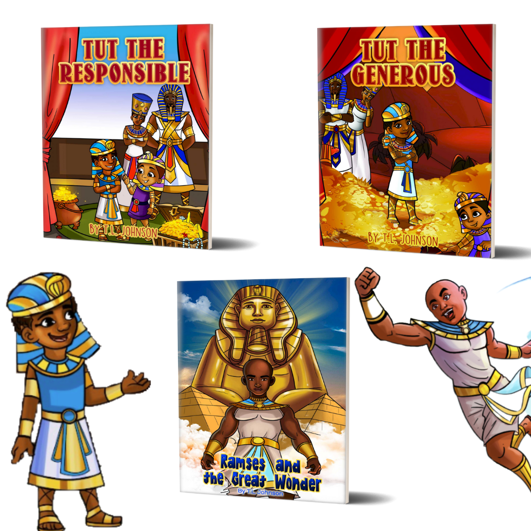 Three children's books featuring characters in Egyptian-themed costumes on a white background. The Proud Prince Bundle featuring Tut the Genrous, Ramses & The Great Wonder & Tut the Responsible