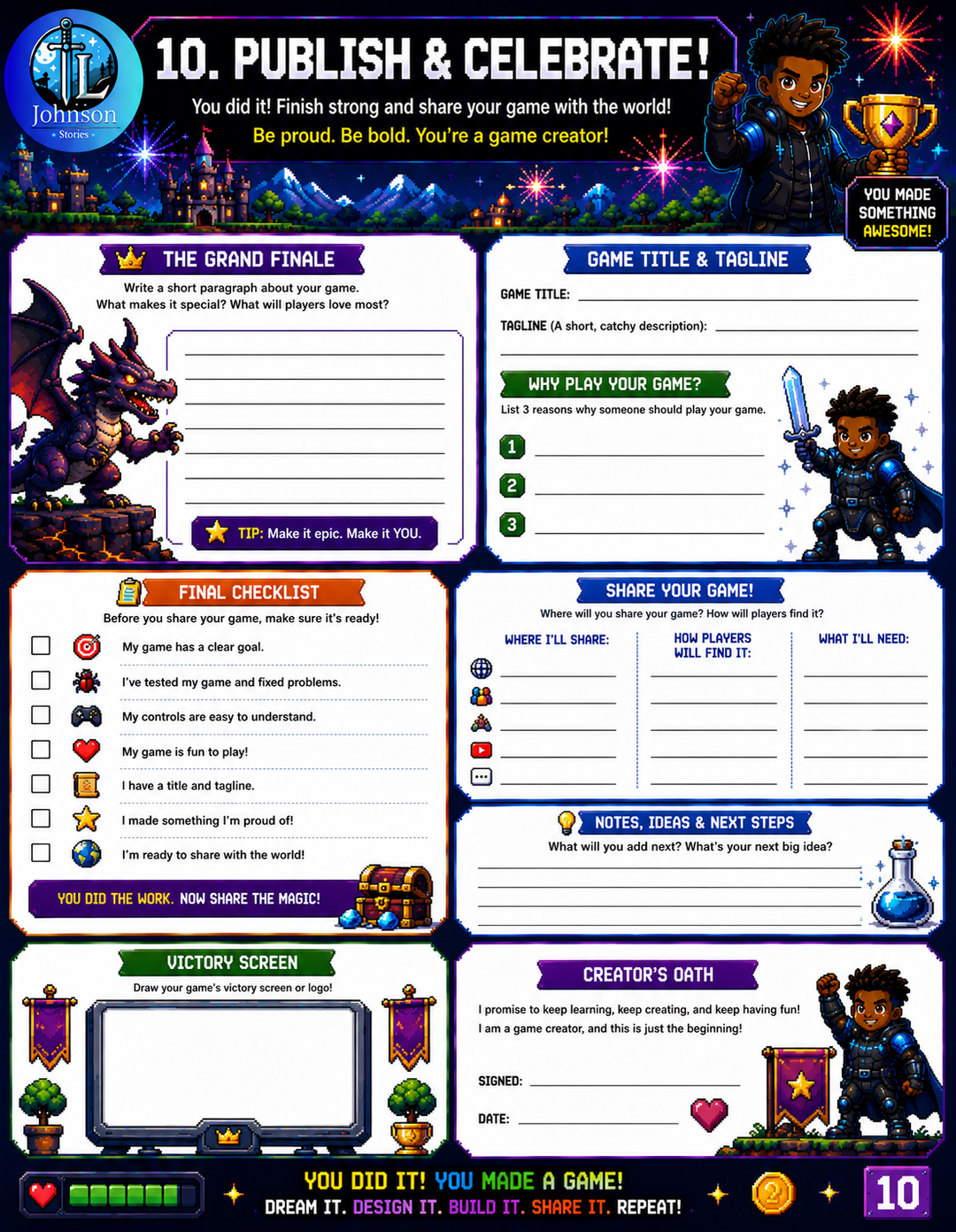 Game development worksheet with character illustrations and text prompts for game creation.