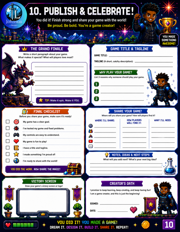 Game development worksheet with character illustrations and text prompts for game creation.