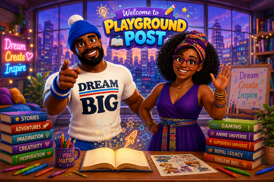 Uncle TL & Ms. Amara in a room with books and a sign that says 'Welcome to Playground Post.