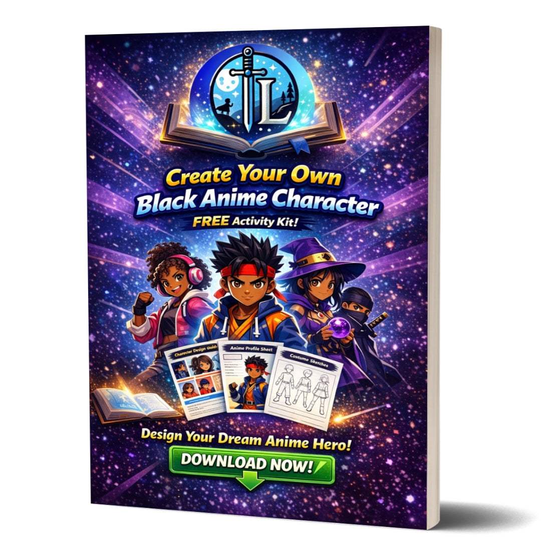 Book cover for 'Create Your Own Black Anime Character' activity kit with colorful design and character illustrations.