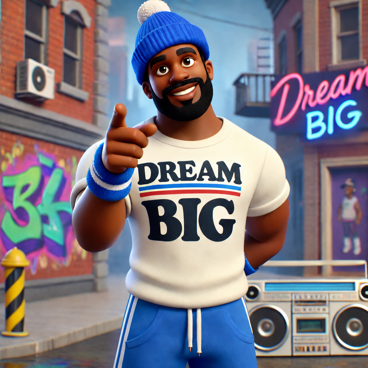 Uncle TL smiling in his Dream Big outfit in the city, pointing toward young dreamers