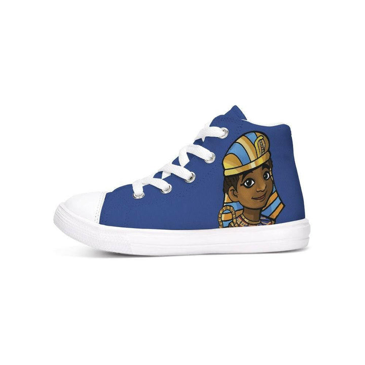 Blue Tut side view. Cultural empowerment sneakers featuring crown emblem and “Lead With Wisdom” design.