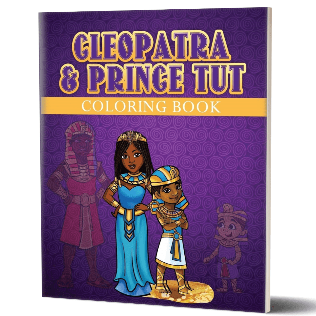 The front cover of Cleopatra & Prince Tut Coloring Book. Featuring Cleopatra smiling and Prince Tut Standing right beside her in against the purple background of the cover.