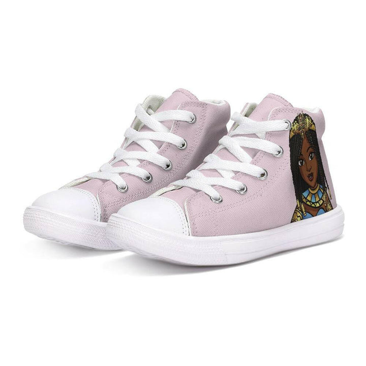Pink All Monarchs Sneakers – Cleopatra Edition from TL Johnson’s Mini Monarchs line; gold and purple empowerment footwear for young Black girls.