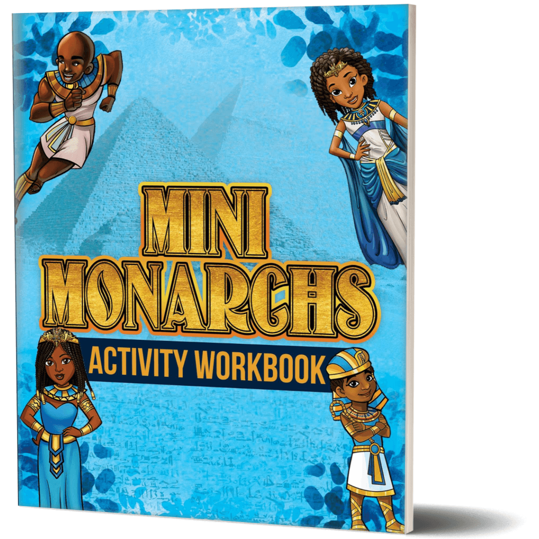 The Mini Monarchs Activity Book. featuring Nefertiti, Ramses Cleopatra & Tut on the front cover.