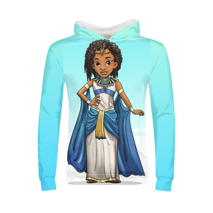 Front illustration of Nefertiti on a teal hoodie