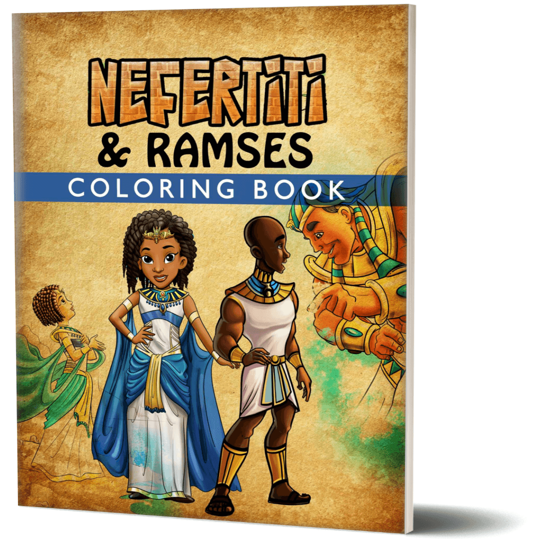 Nefertiti & Ramses: Coloring Book. Mockup of front cover Featureing Nefertiti on the front and Ramses 