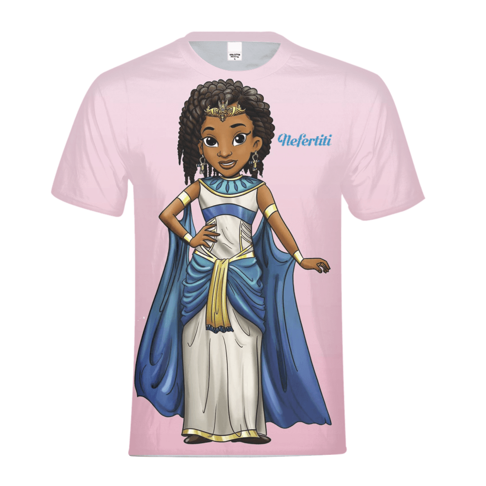 Pink Nefertiti T-shirt with cartoon African princess artwork; Black girl magic and representation fashion from TL Johnson Stories.