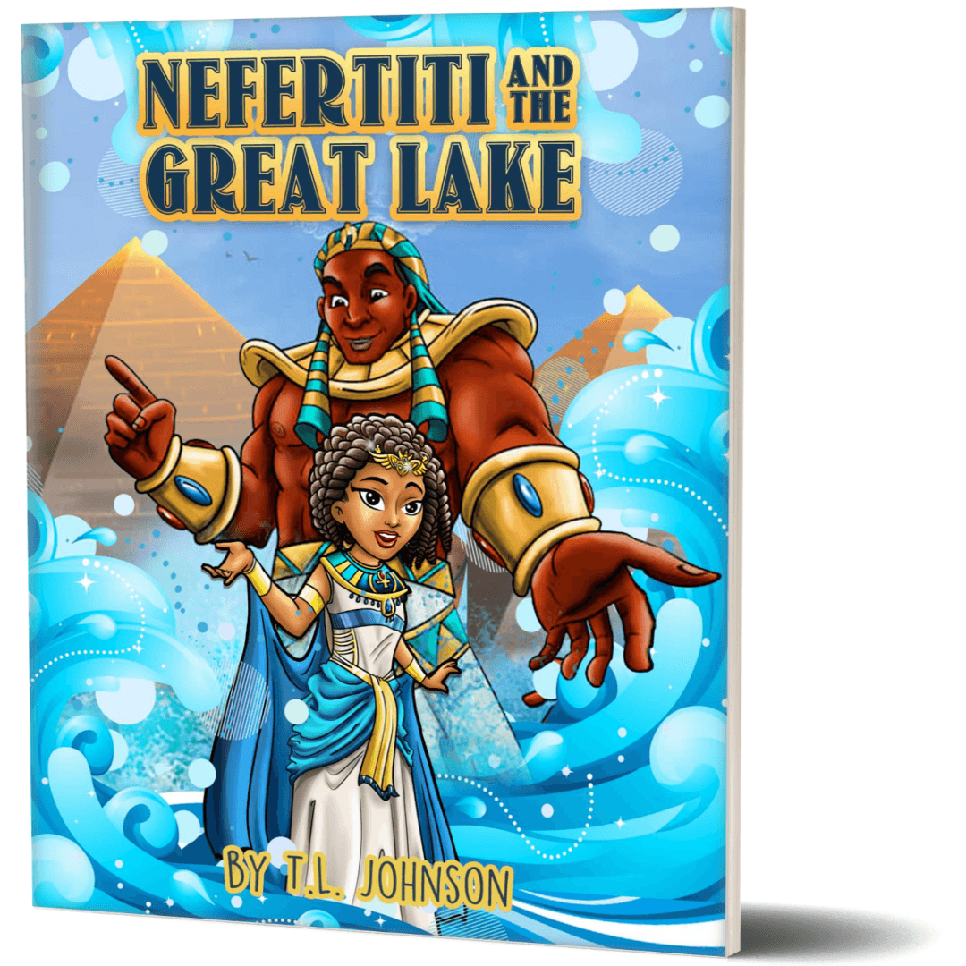 Cover of Nefertiti & The Great Lake by TL Johnson featuring a young Black princess beside a glowing Great Lake.