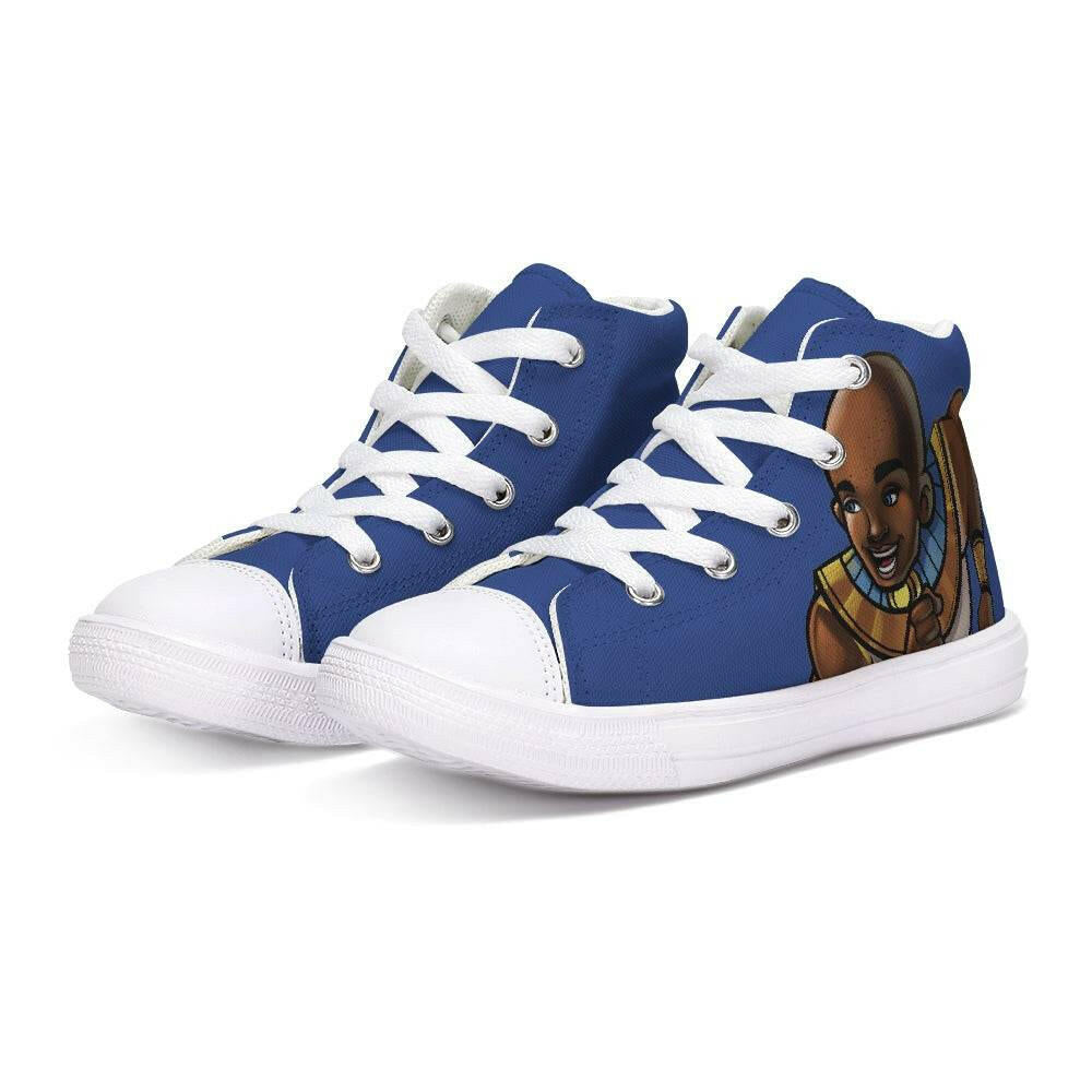 All Monarchs Sneakers – Ramses Edition from TL Johnson’s Mini Monarchs collection; Blue and White cultural footwear symbolizing leadership and intellect.
