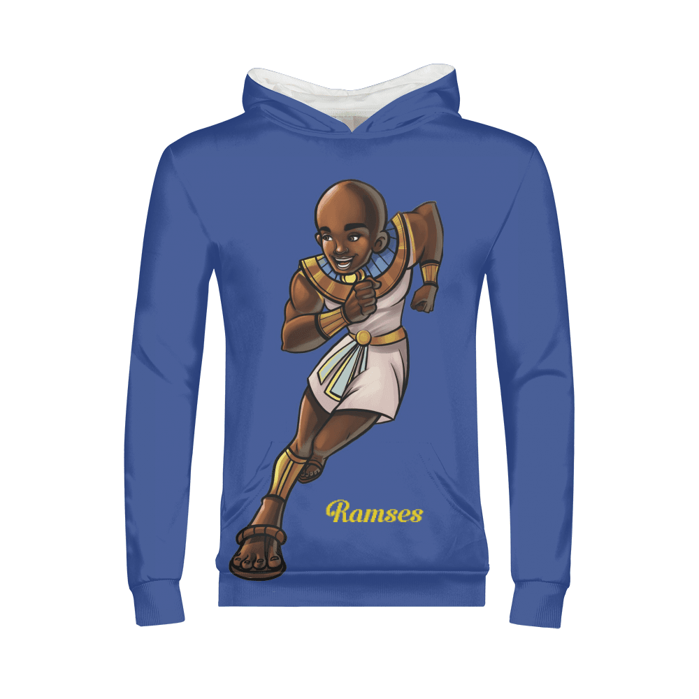 Blue Ramses “Mind Is a Muscle” hoodie inspired by TL Johnson’s Mini Monarchs collection; African royalty design for Black excellence and leadership.