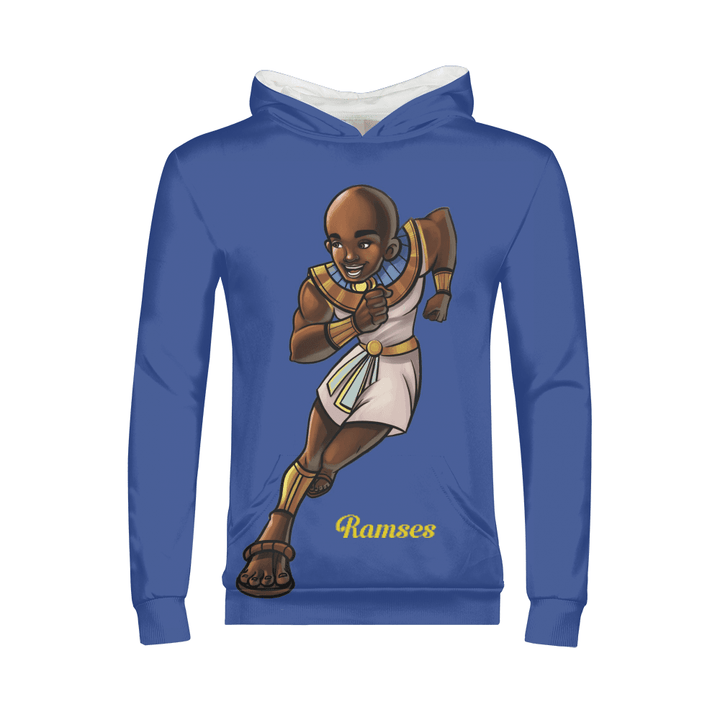 Blue Ramses “Mind Is a Muscle” hoodie inspired by TL Johnson’s Mini Monarchs collection; African royalty design for Black excellence and leadership.