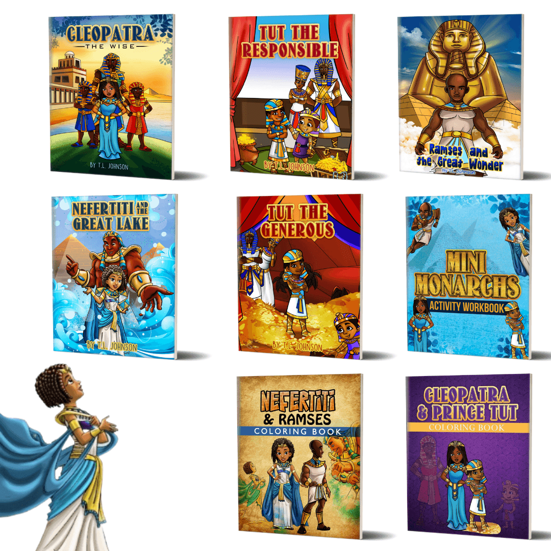 The Royal Flush Collection featuring all Mini Monarchs books and activity sets. Nefertiti looking up at the books being inspired