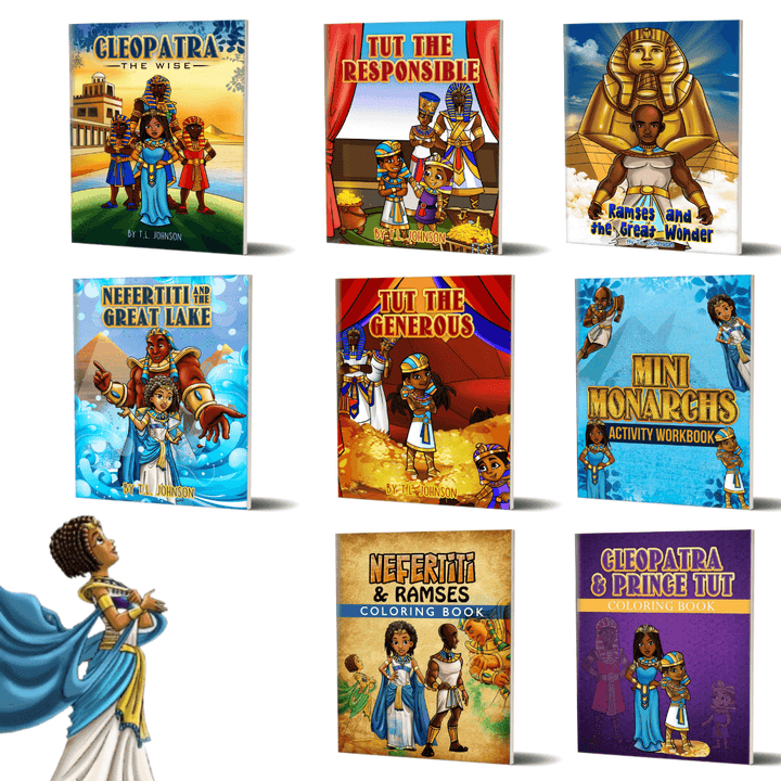 The Royal Flush Collection featuring all Mini Monarchs books and activity sets. Nefertiti looking up at the books being inspired