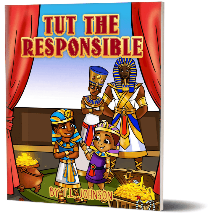 Cover of Tut the Responsible by TL Johnson featuring a young Black boy pharaoh with the this royal family behind him.